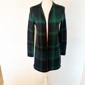 Talbots Black Watch Green Blue Plaid Merino Wool Open Cardigan Size M